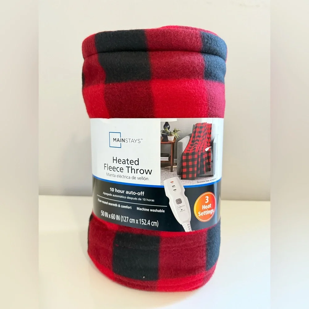 Mainstays Heated Electric Fleece Throw 50x60 Red Buffalo Plaid New 10hr Auto-Off